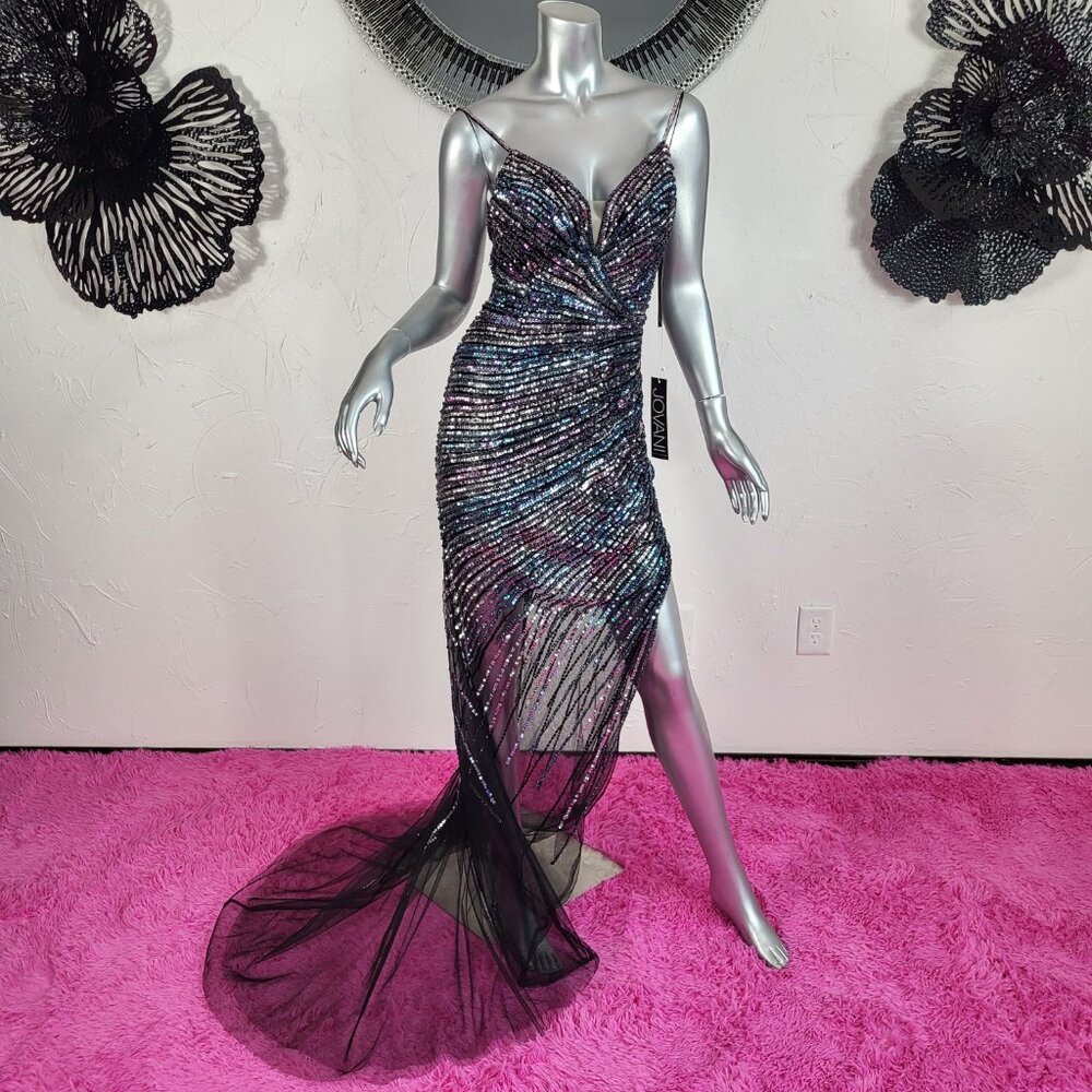 NWT~$990~JOVANI~SZ 2~BLACK PINK BEADED SEQUIN SLIT PROM EVENING GOWN DRESS - Picture 6 of 16